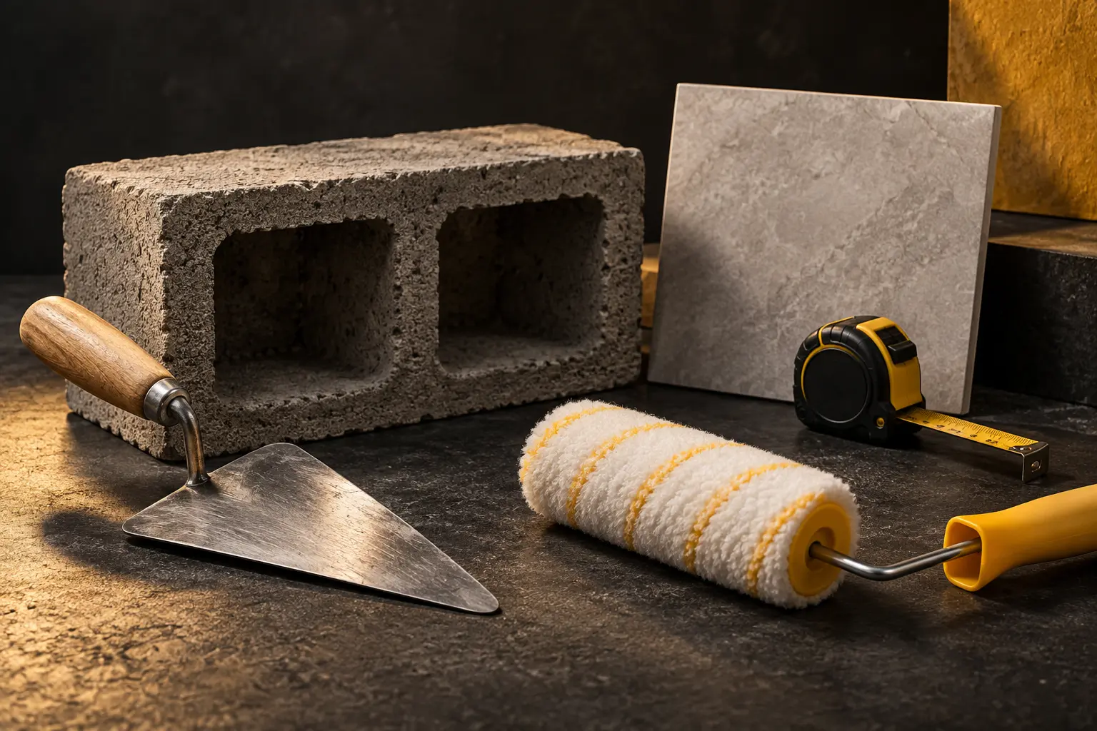 Materiais de construção e ferramentas sobre uma bancada